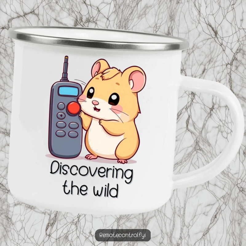 Funny hamster camping mug depicting a curious hamster poking a remote control button, a humorous outdoor accessory.
