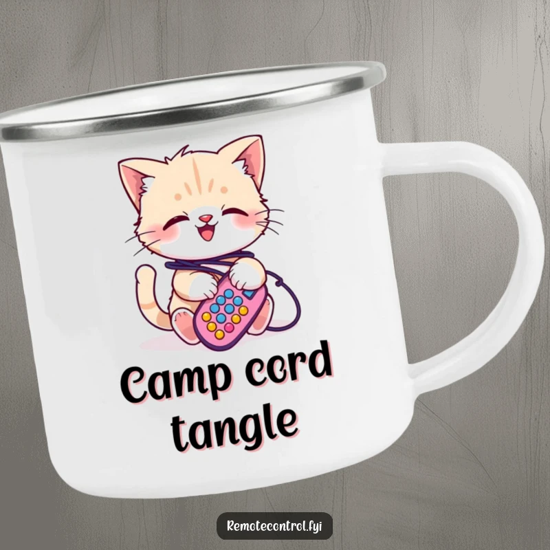 Funny kitten camping mug, a giggling kitten is tangled in remote control wires, ready for outdoor fun and laughs.