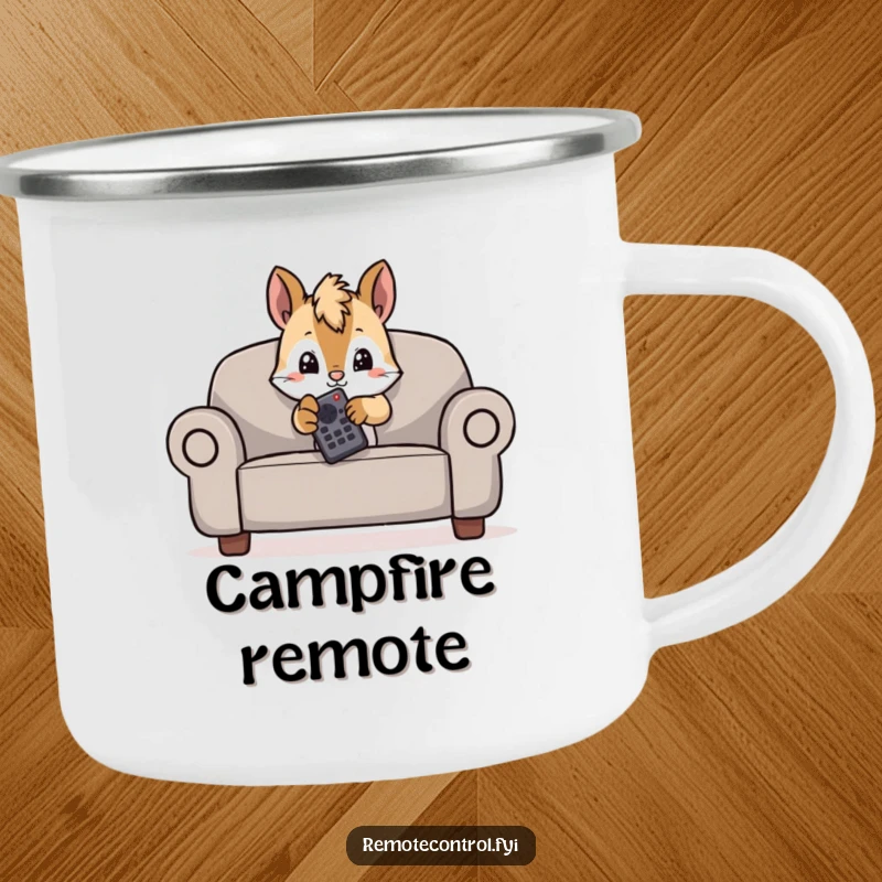 Funny camping mug featuring a mischievous squirrel hiding behind a couch, peeking with a TV remote.