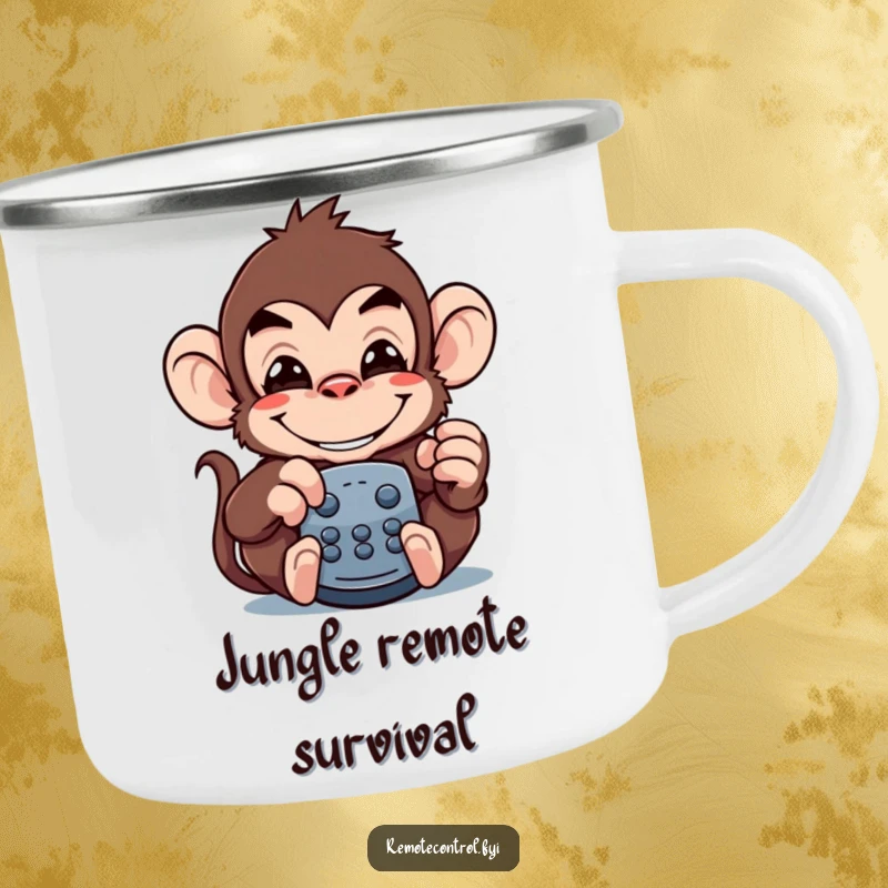 Funny monkey camping mug showing a mischievous monkey with a wide grin, disguised as a remote control.