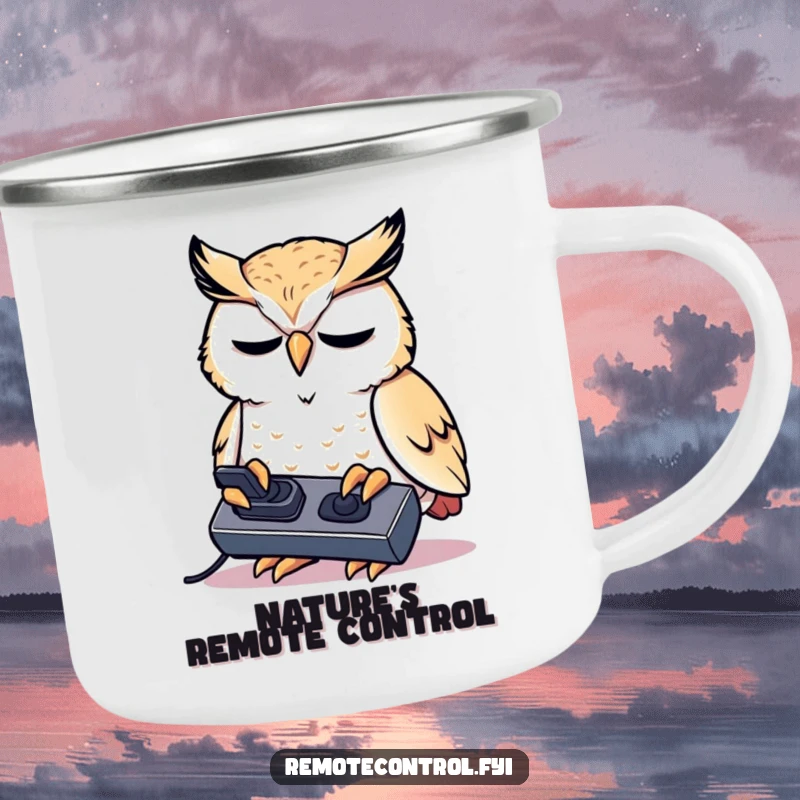 Funny kawaii owl concentrating intensely on a remote control on a camping mug.