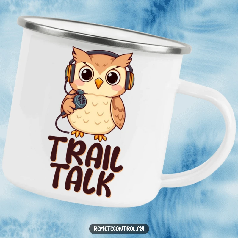 Funny owl wearing a headset, holding a remote like a microphone, gaming. Sturdy funny camping mug.