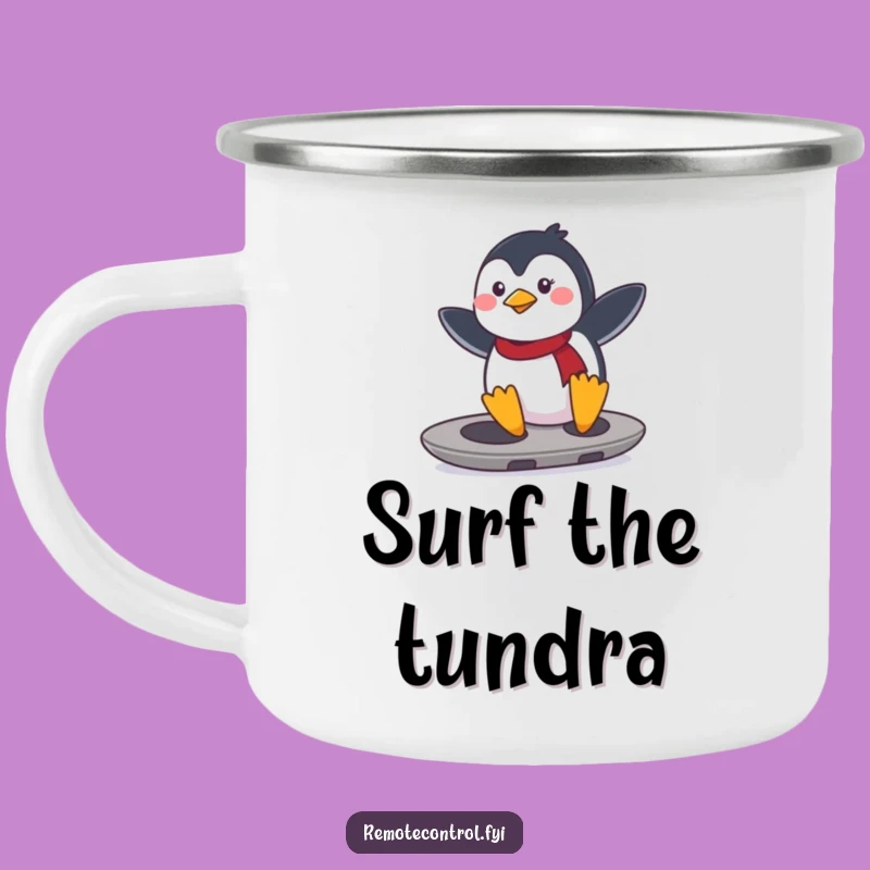 Funny Penguin Remote Surfer Camping Mug: Determined penguin shredding on a remote, a perfect funny gift.
