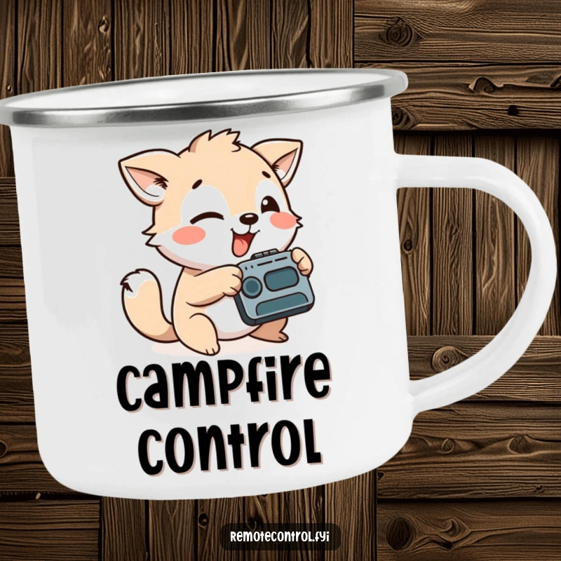 Funny camping mug with a playful animal character aiming a remote control with a silly face, ready for outdoor adventures.