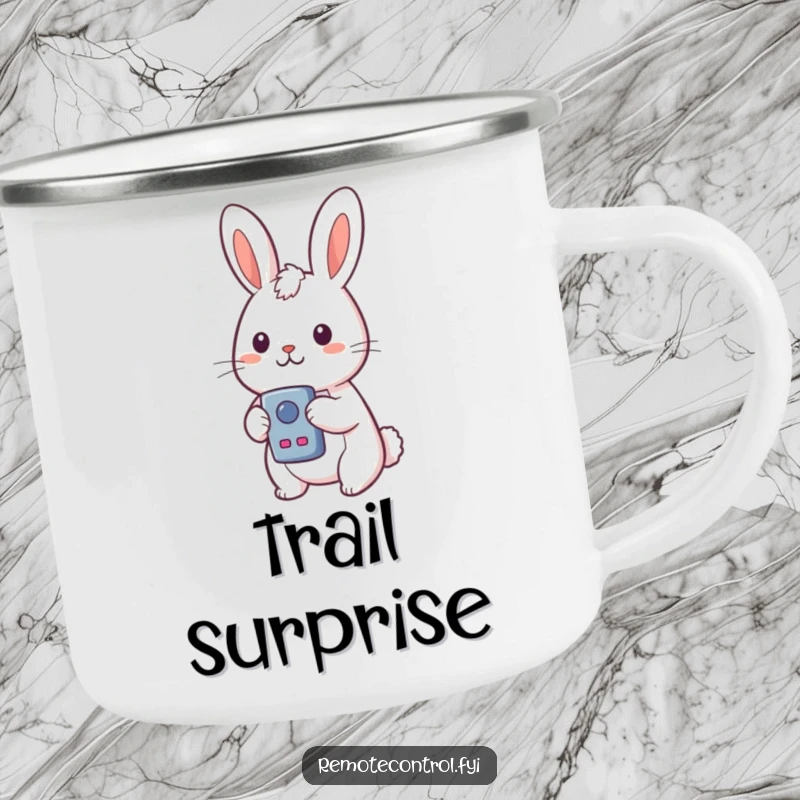 Funny Kawaii Rabbit Camping Mug shows a surprised rabbit holding a remote control and looking at a button, ready for the outdoors.