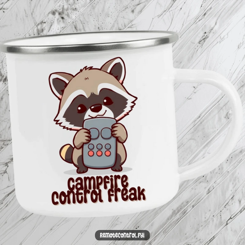 Funny Raccoon Camping Mug: Mischievous raccoon character hiding behind a TV remote with a sly grin, ready for outdoor viewing.