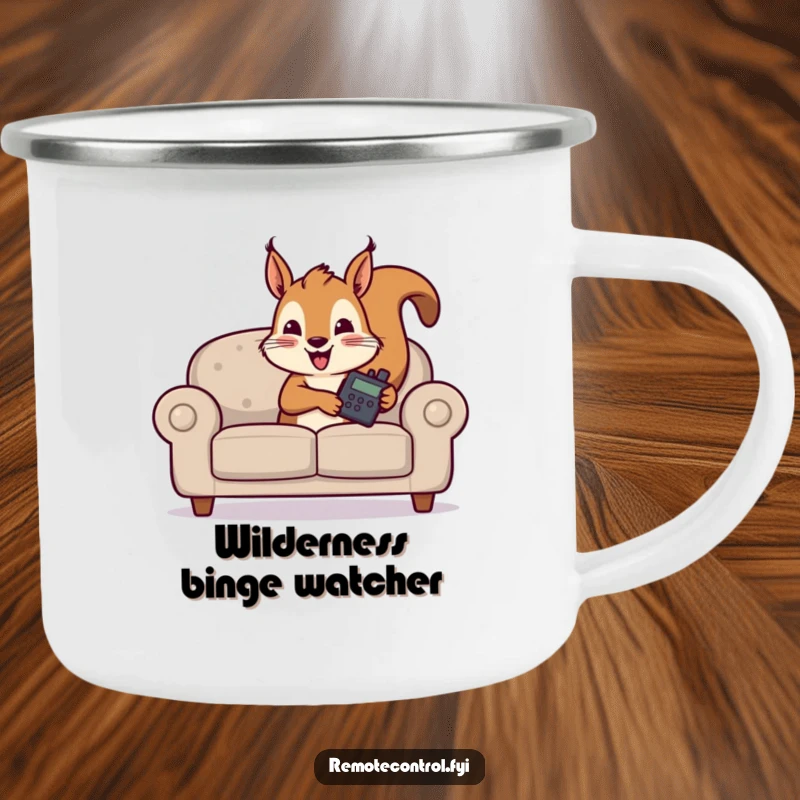 Funny camping mug depicts a resourceful squirrel hiding with a TV remote, ready for an outdoor escape.