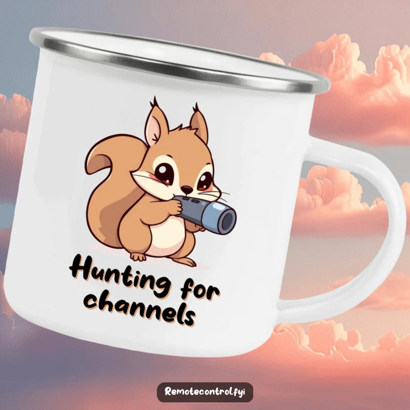 Funny kawaii squirrel with mischievous eyes aiming a remote control on a camping mug.