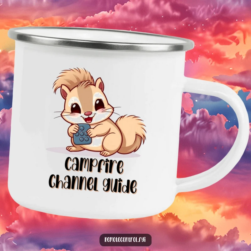 Funny giggling squirrel intently studying a remote control with large buttons on a camping mug.
