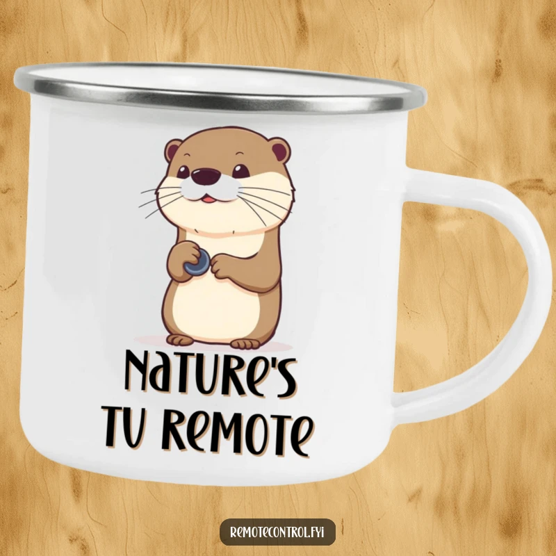 Funny curious otter using an invisible remote on a durable camping mug, ready for outdoor adventures.