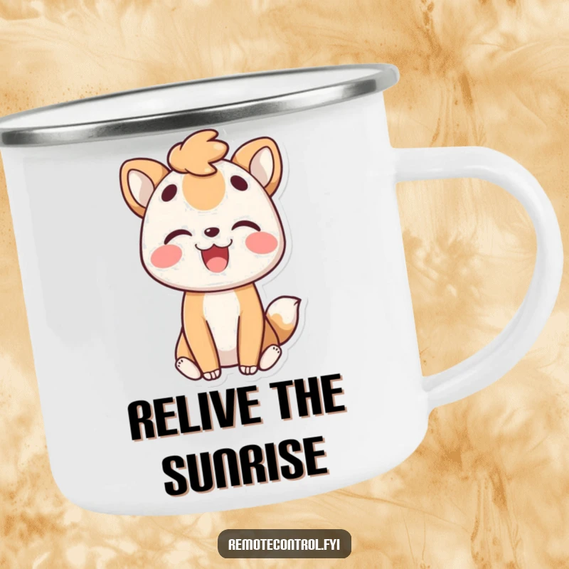 Funny camping mug showing a joyful animal character pleasedly rewinding a moment, perfect for reminiscing around the campfire.