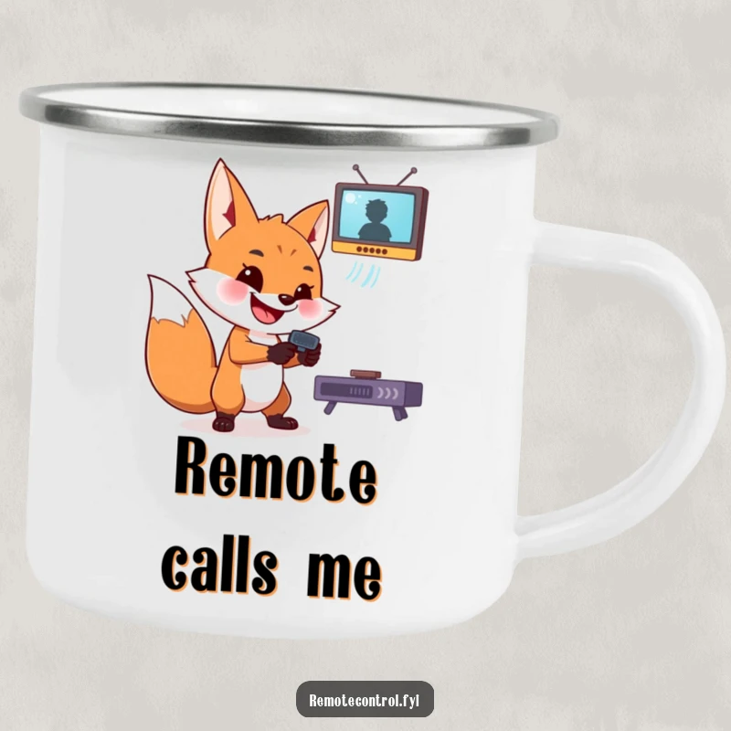 Funny fox camping mug: a grinning fox controlling a floating TV with a remote, ready for the wild.