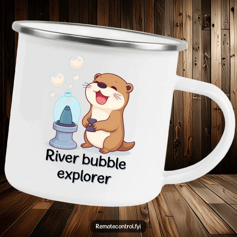 Funny otter character joyfully using a remote to activate a bubble machine on a camping mug, illustrating a humorous twist on outdoor relaxation.