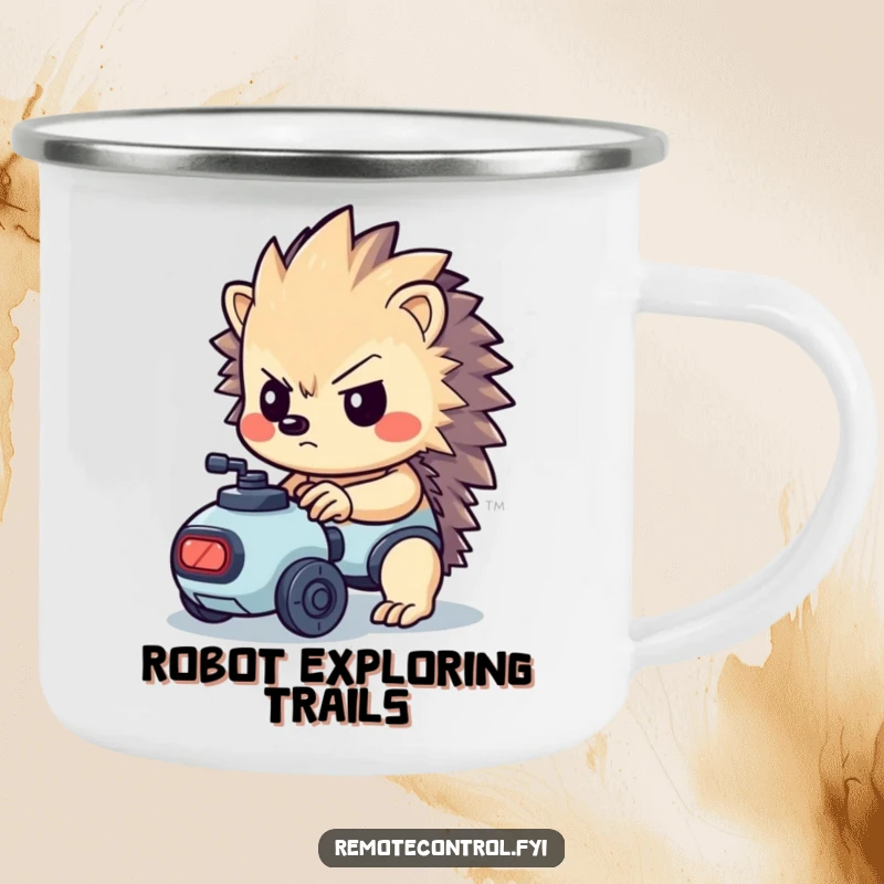 Funny kawaii hedgehog with a determined look controlling a tiny robot on a camping mug.