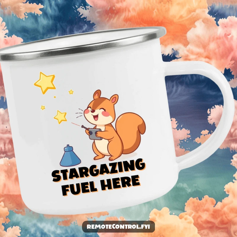Funny Squirrel Camping Mug: Joyful squirrel character using a remote control to launch a shining star into the sky, ready for starry nights.