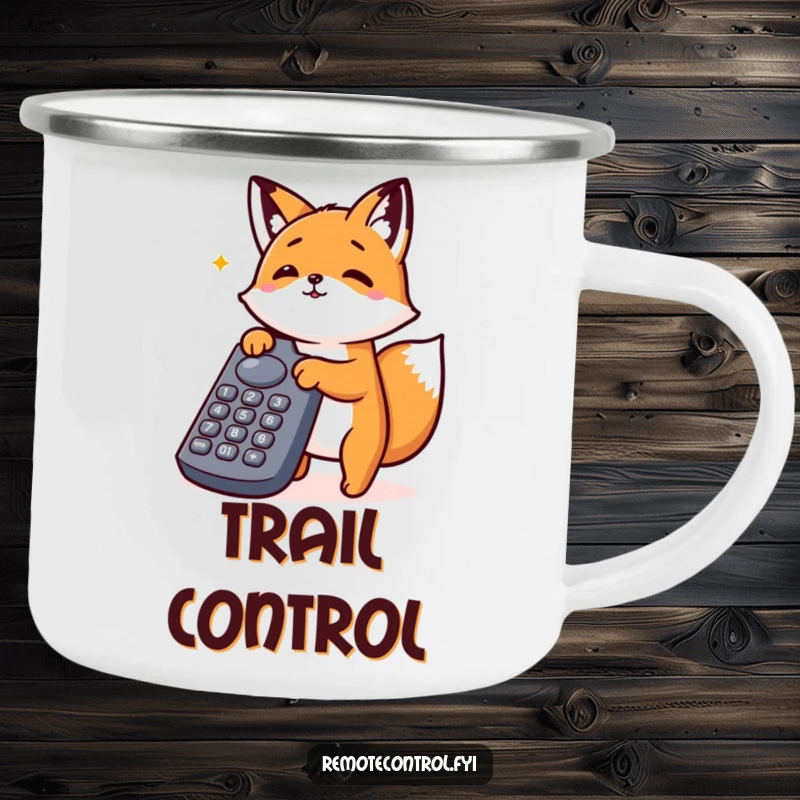 Funny Kawaii Fox Camping Mug shows an enthusiastic fox pressing numerous buttons on a large remote control, ready for the wild.