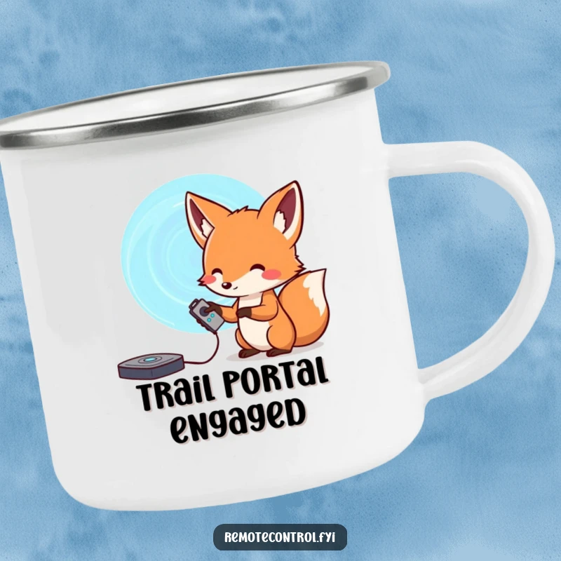 Funny fox camping mug, a curious fox with a remote aiming at a swirling portal, perfect for outdoor explorers.