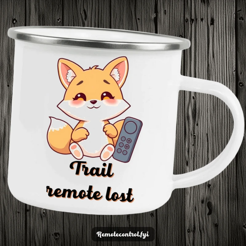 Funny giggling fox with wide eyes, fumbling with remote controls, designed for a durable and humorous camping mug.