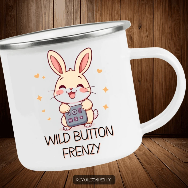 Funny rabbit camping mug, a cheerful rabbit pressing multiple buttons on a remote with great energy, perfect for outdoor enthusiasts.