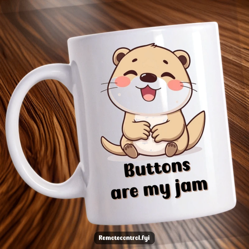 Funny mug featuring a cheerful otter character with a delighted expression, furiously tapping buttons on a keyboard with pure joy.