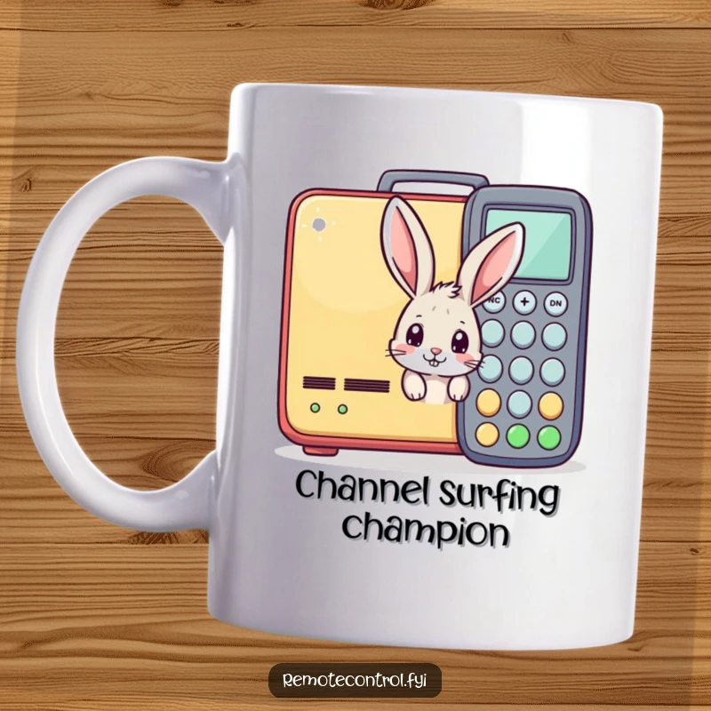 Funny mug showing a cute, curious bunny peeking from behind a huge, colorful TV remote control, perfect for entertainment lovers.