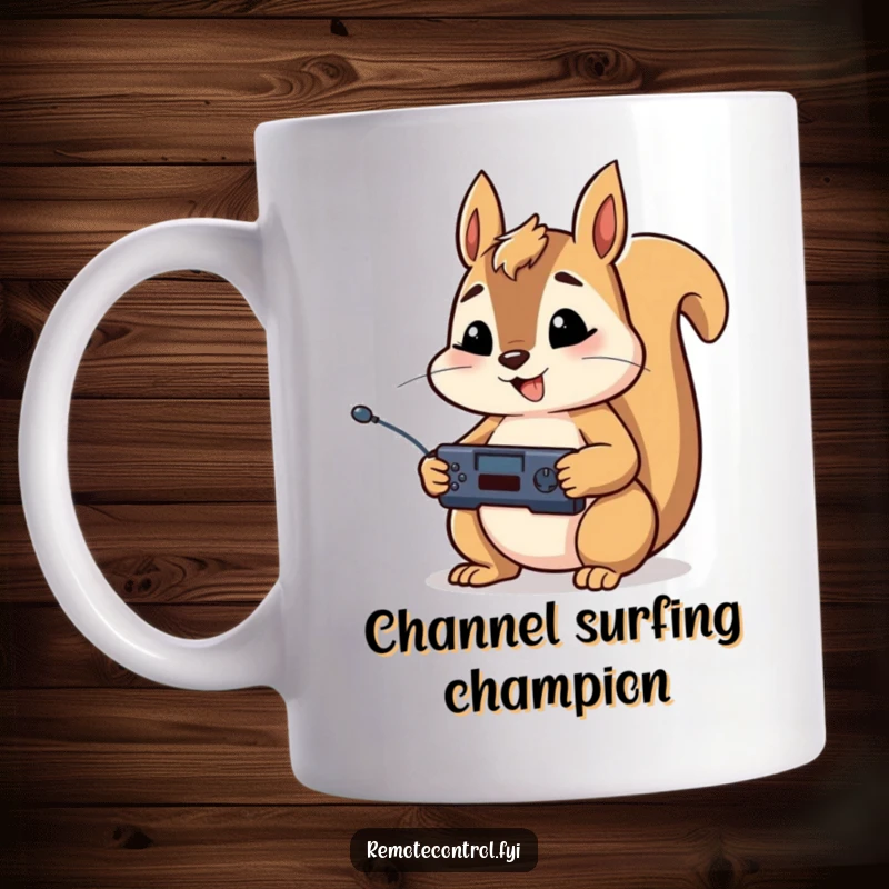 Funny mug featuring a happy squirrel character holding a TV remote control in both paws, looking intently at the screen.