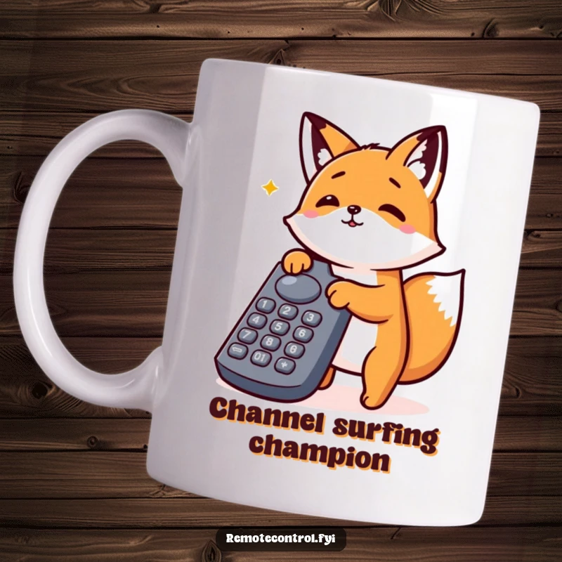 Funny Kawaii Fox Mug: An energetic fox enthusiastically mashing buttons on a large remote control, pure entertainment joy.
