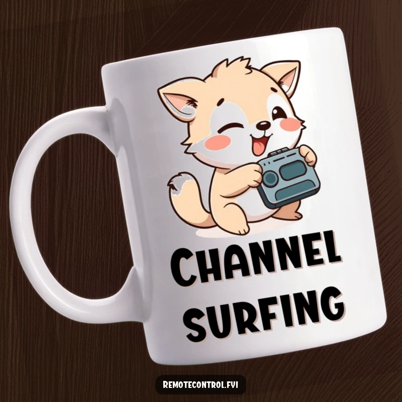 Funny mug with a playful animal character aiming a remote control with a silly, focused face, ready for entertainment.