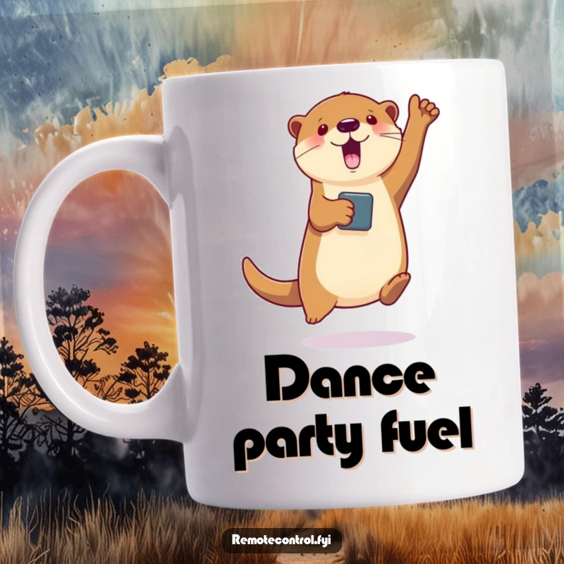 Funny mug featuring a jumping otter energetically holding a remote, making a virtual character dance, celebrating gamer fun.