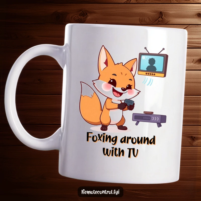 Funny fox mug: a mischievous fox with a wide grin points a remote control at a floating TV screen.