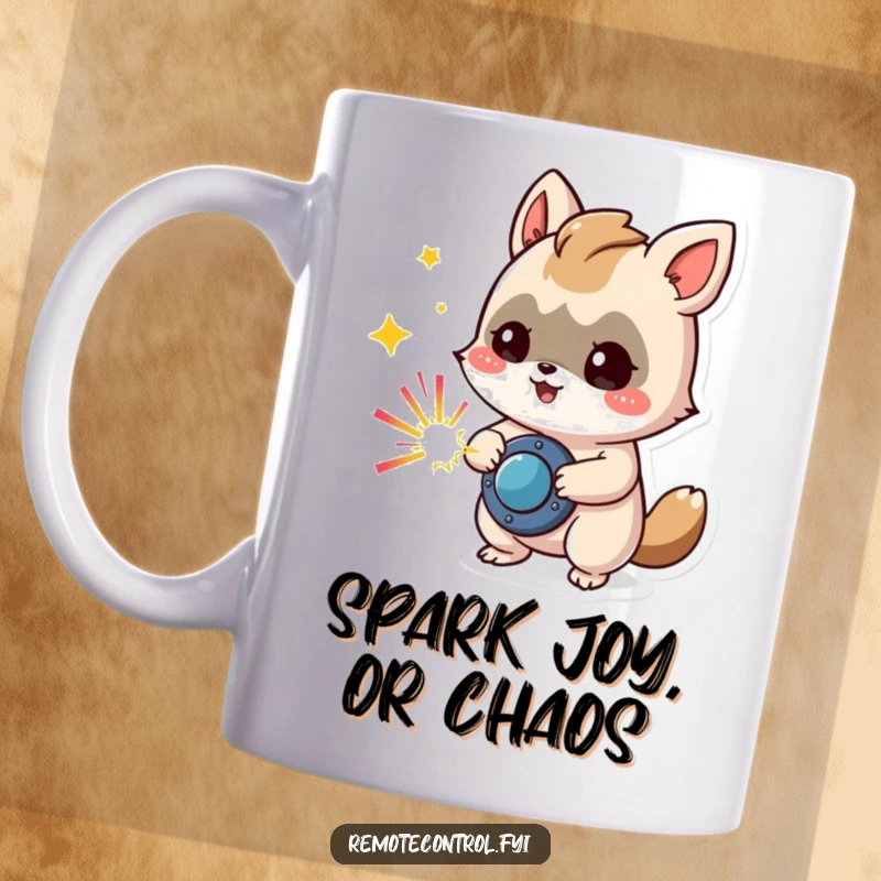 Funny mug showcasing a mischievous animal character pressing a button, unleashing a cascade of colorful sparks with a playful expression.