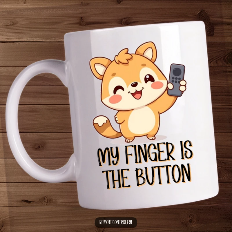 Funny mug of a grinning animal character playfully pointing a TV remote, embodying pure couch potato joy and screen time excitement.
