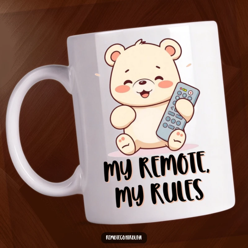 Funny bear cub mug with a happy expression, enthusiastically pressing buttons on a large TV remote control.
