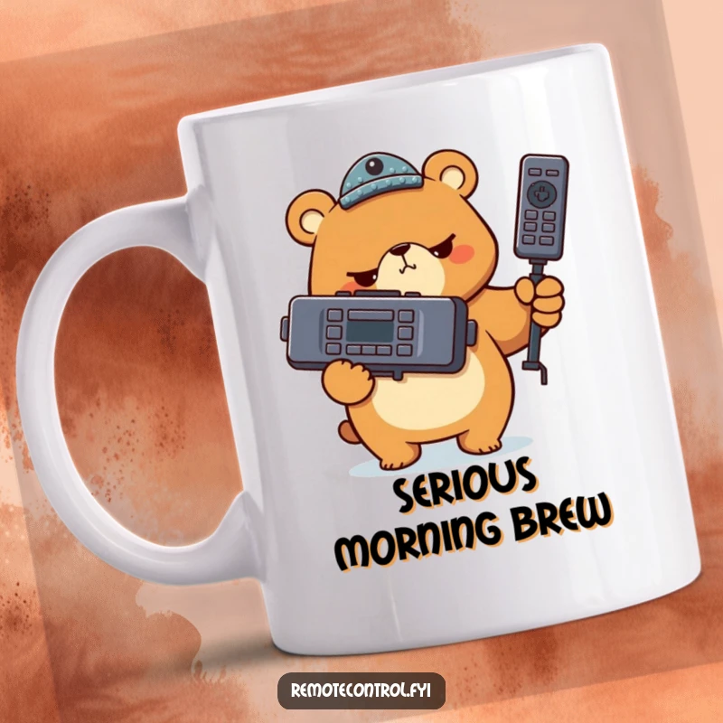 Funny bear character holding a giant TV remote with intense seriousness on a mug, depicting a comical sense of control and power.