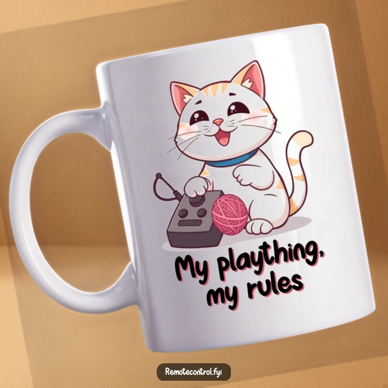 Funny cat mug showing a proud cat using a remote control to direct a bouncing yarn ball.