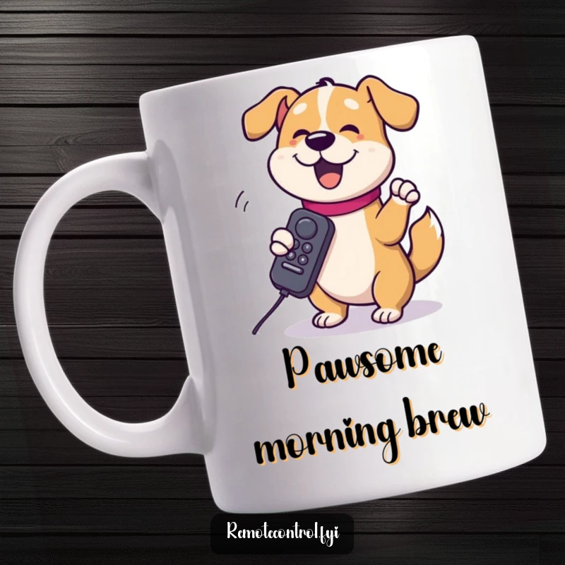 Funny dog character gleefully spinning a TV remote around its paw on a mug, expressing pure, unadulterated joy and controller chaos.