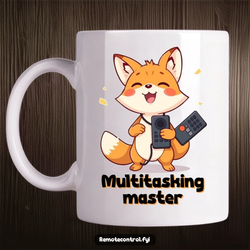Funny mug with a happy fox character joyfully juggling two TV remote controls. Dynamic and humorous design.