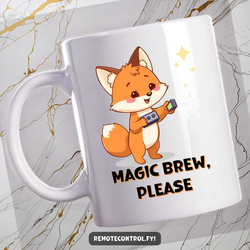 Funny mug featuring a cheerful fox pointing a remote at a distant magical object, symbolizing curiosity and wonder.