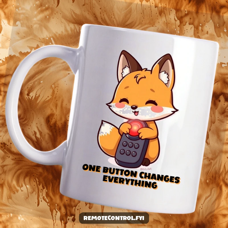 Funny fox mug, a playful fox cautiously about to press a bright red glowing button on a control device, with mischievous intent.
