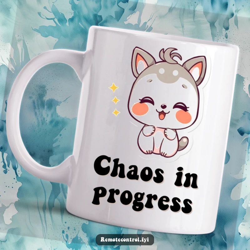 Funny mug featuring a giggling animal character with mischievous delight, expertly changing TV channels with a gleeful expression.