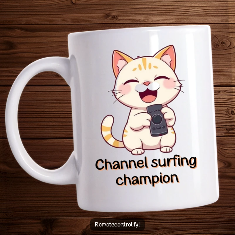 Funny mug of a giggling cat character holding a remote control, pointing it playfully, ready to change the channel.