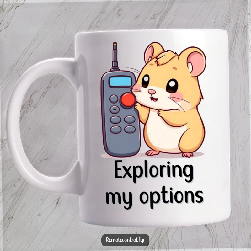 Funny hamster mug showing a curious hamster poking a remote control button with its nose, a humorous exploration scene.
