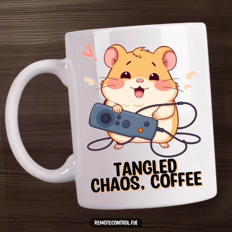 Funny mug featuring a silly hamster happily tangled in wires, successfully holding a remote with a sigh of relief.