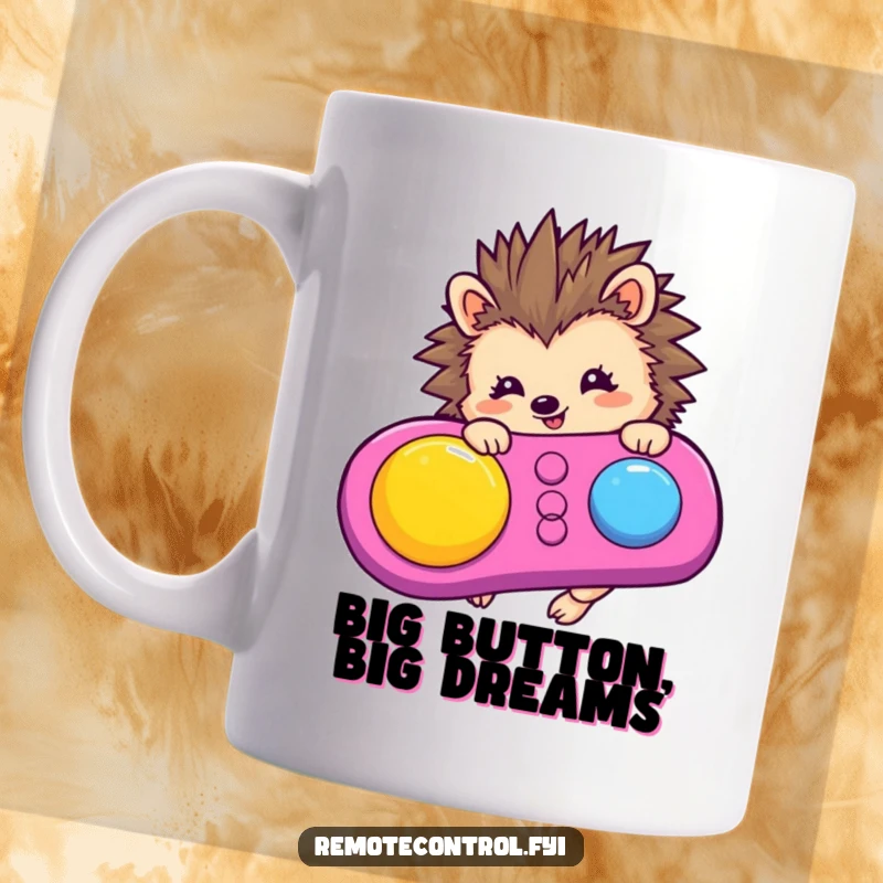 Funny hedgehog character gleefully pushing a big button on a vibrant remote control, expressing pure joy and mischief.