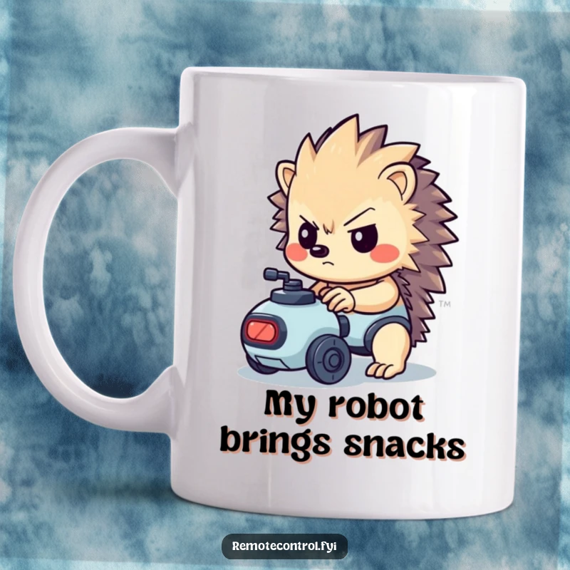 Funny kawaii hedgehog with a determined look controlling a tiny robot on a coffee mug.