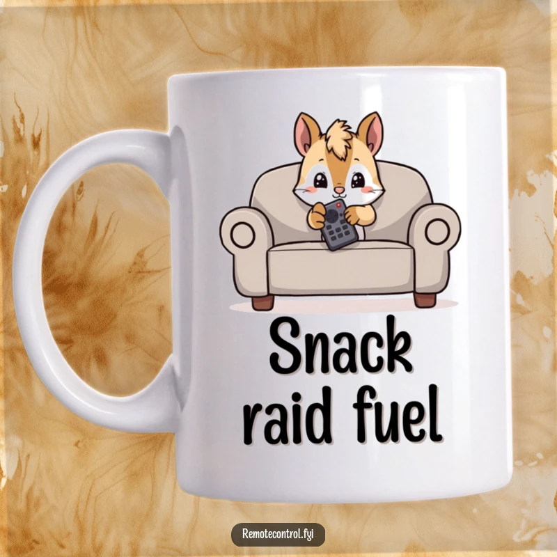 Funny mug showing a mischievous squirrel hiding behind a couch, peeking out with a TV remote in hand.