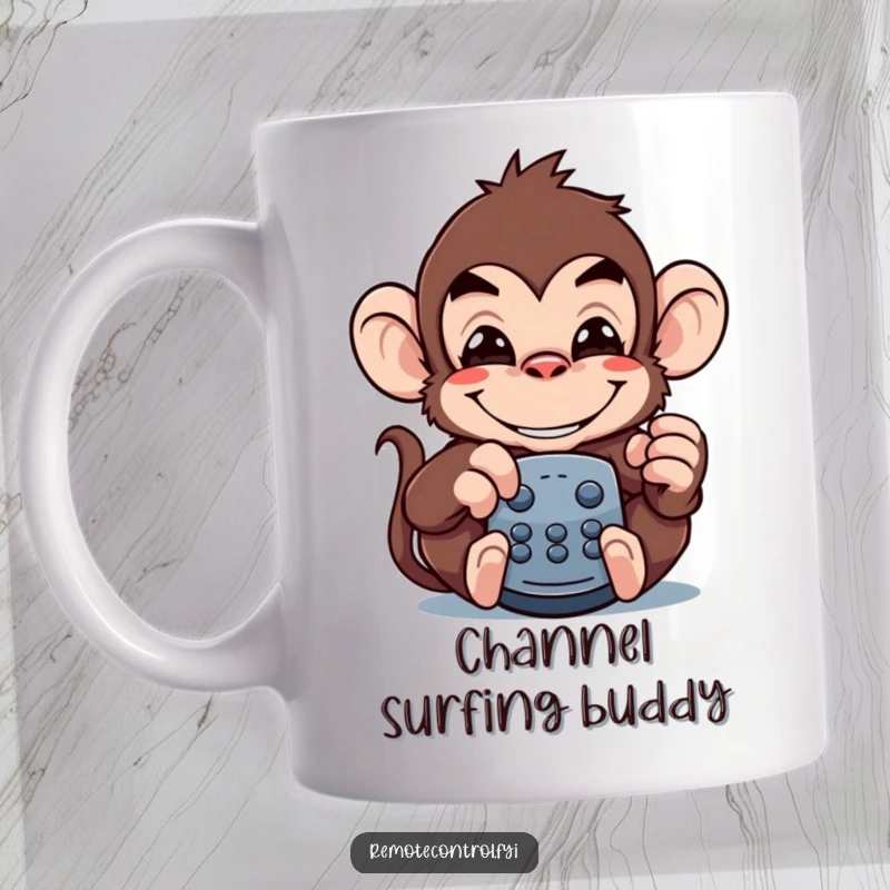 Funny monkey mug designed to look like a remote control, held by a mischievous monkey with a wide, grinning expression.