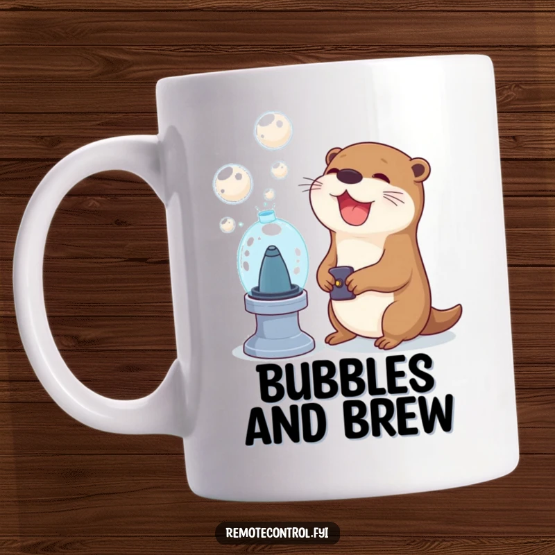 Funny otter character joyfully using a remote to activate a bubble machine on a mug, depicting a scene of pure, bubbly delight.