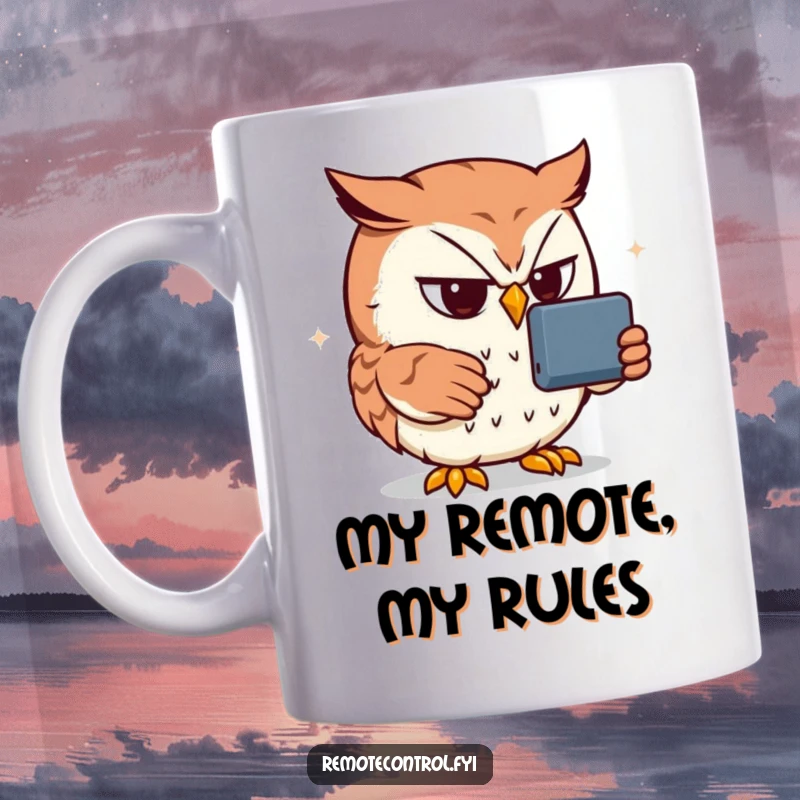 Funny owl mug showing a focused owl, remote in paw, glued to the TV screen, conveying hilarious dedication to entertainment.