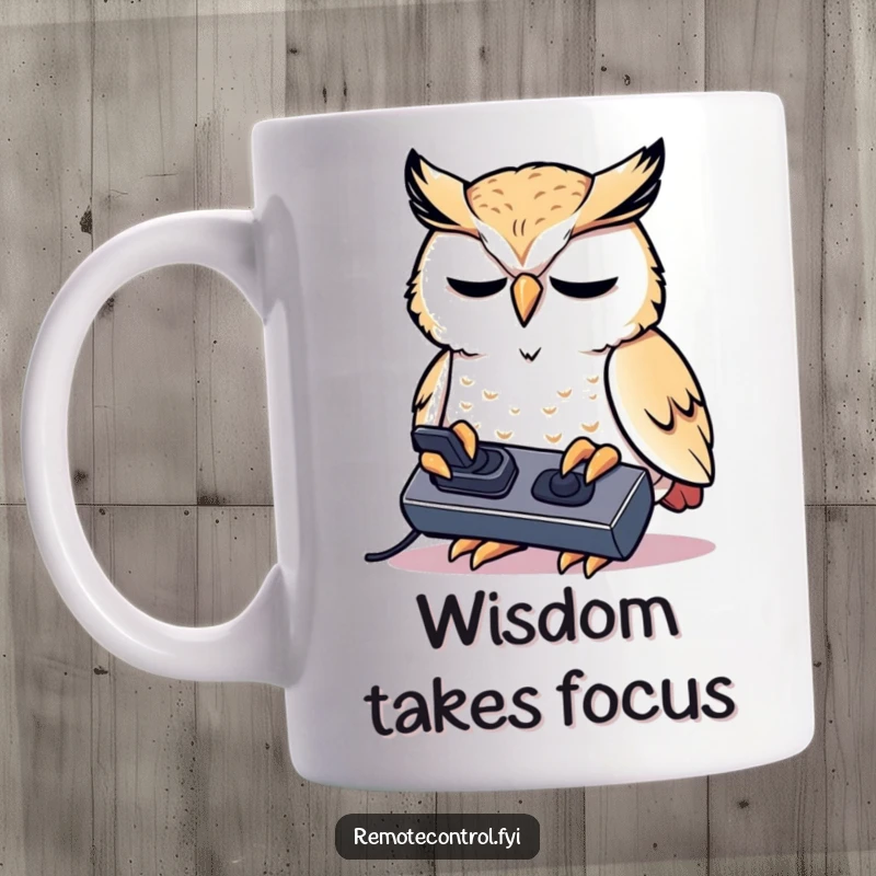 Funny kawaii owl concentrating intensely on a remote control on a coffee mug.